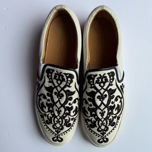 Brighton Black and White Embroidered Slip-Ons
